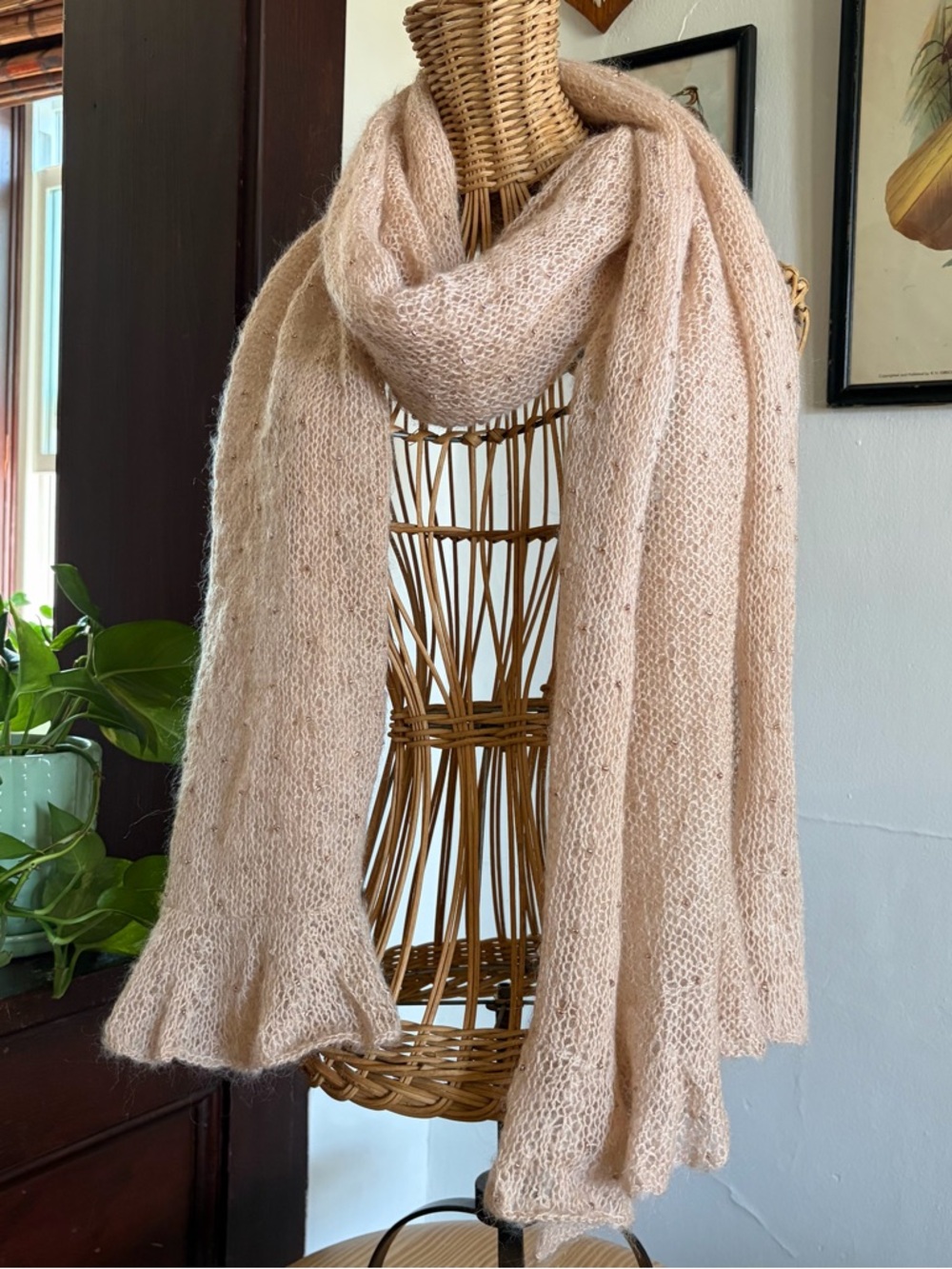Handmade Pink Beaded Crochet Chunky Scarf
